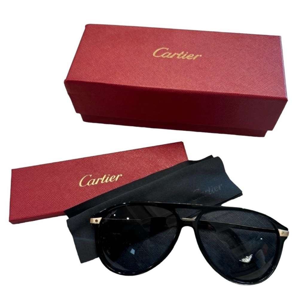 Cartier Black Aviator Sunglasses with Gold Accents and Red Case